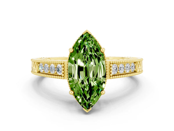 Yellow gold Marquise Cut Peridot Ring with Milgrain Pavé Band and Four-Prong Setting