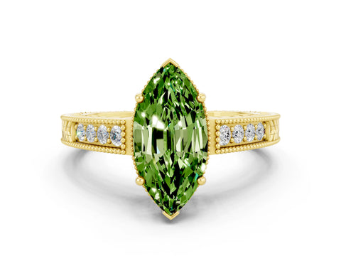 Yellow gold Marquise Cut Peridot Ring with Milgrain Pavé Band and Four-Prong Setting_12