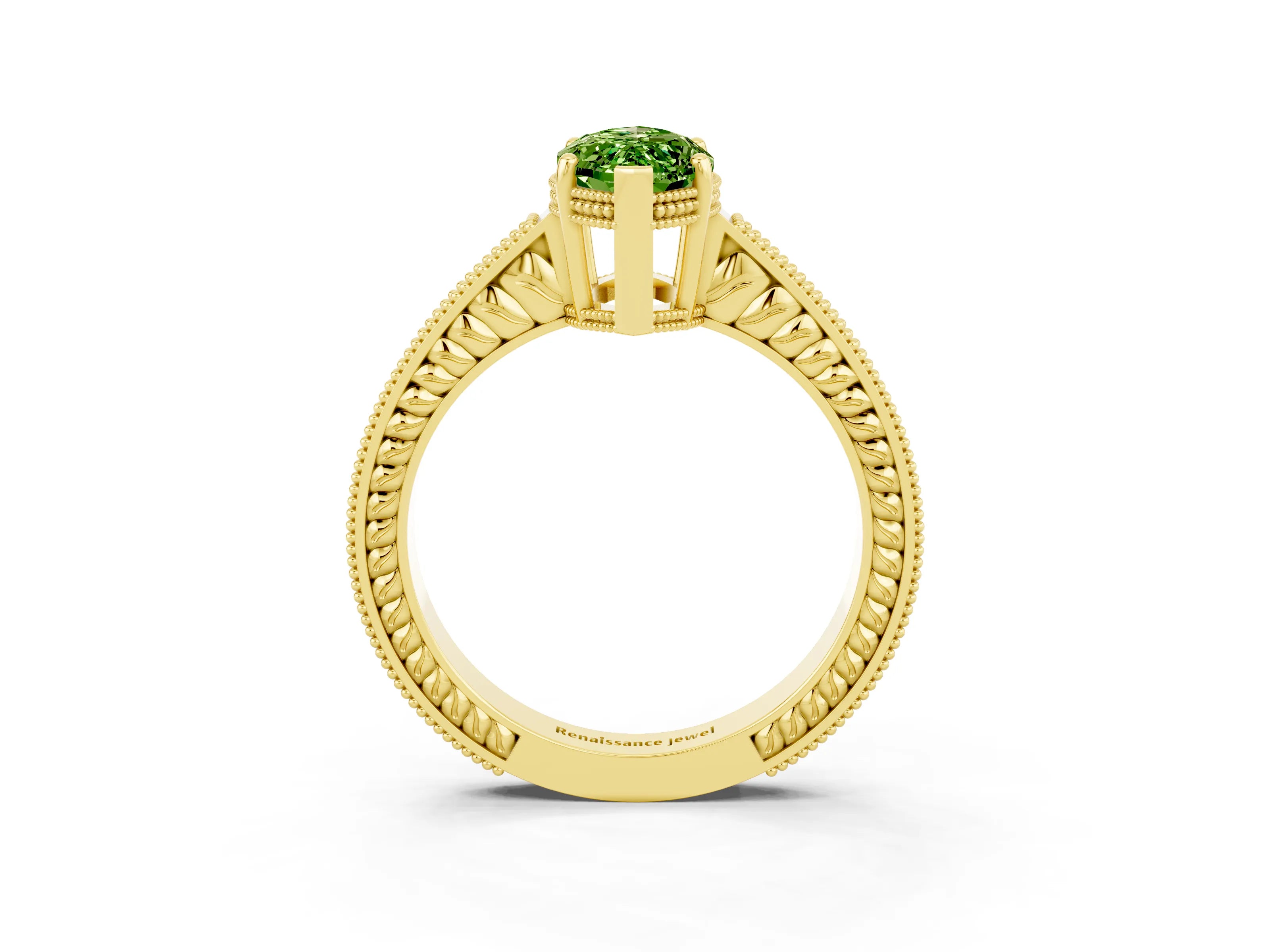 Yellow gold Marquise Cut Peridot Ring with Milgrain Pavé Band and Four-Prong Setting_15