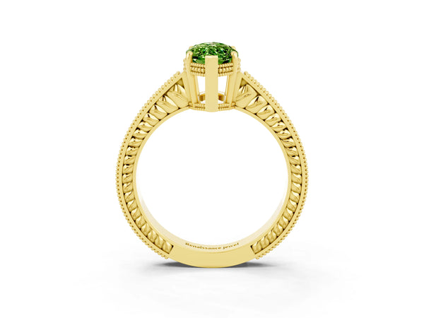 Yellow gold Marquise Cut Peridot Ring with Milgrain Pavé Band and Four-Prong Setting