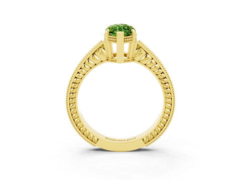 Yellow gold Marquise Cut Peridot Ring with Milgrain Pavé Band and Four-Prong Setting_15