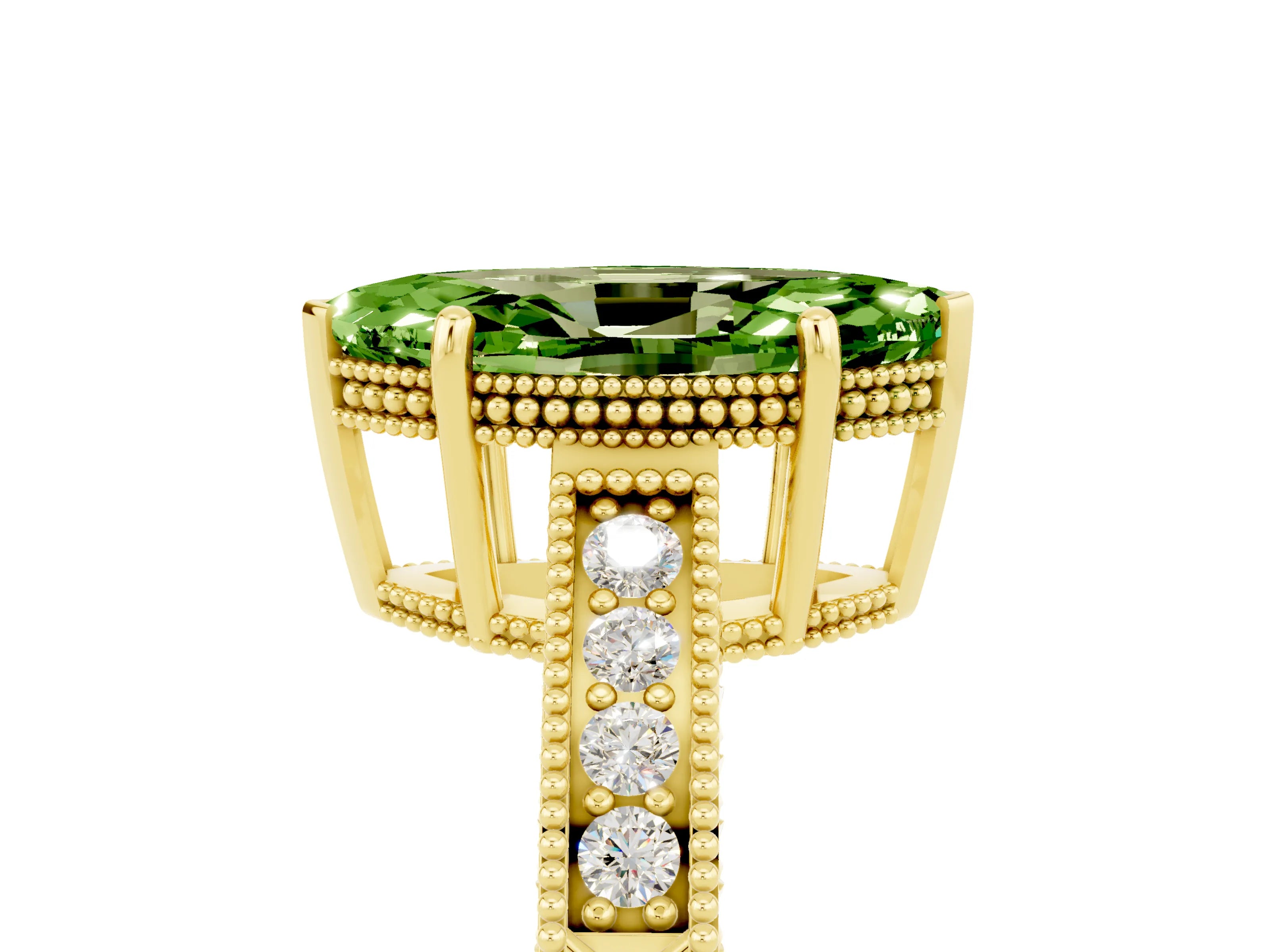 Yellow gold Marquise Cut Peridot Ring with Milgrain Pavé Band and Four-Prong Setting_17