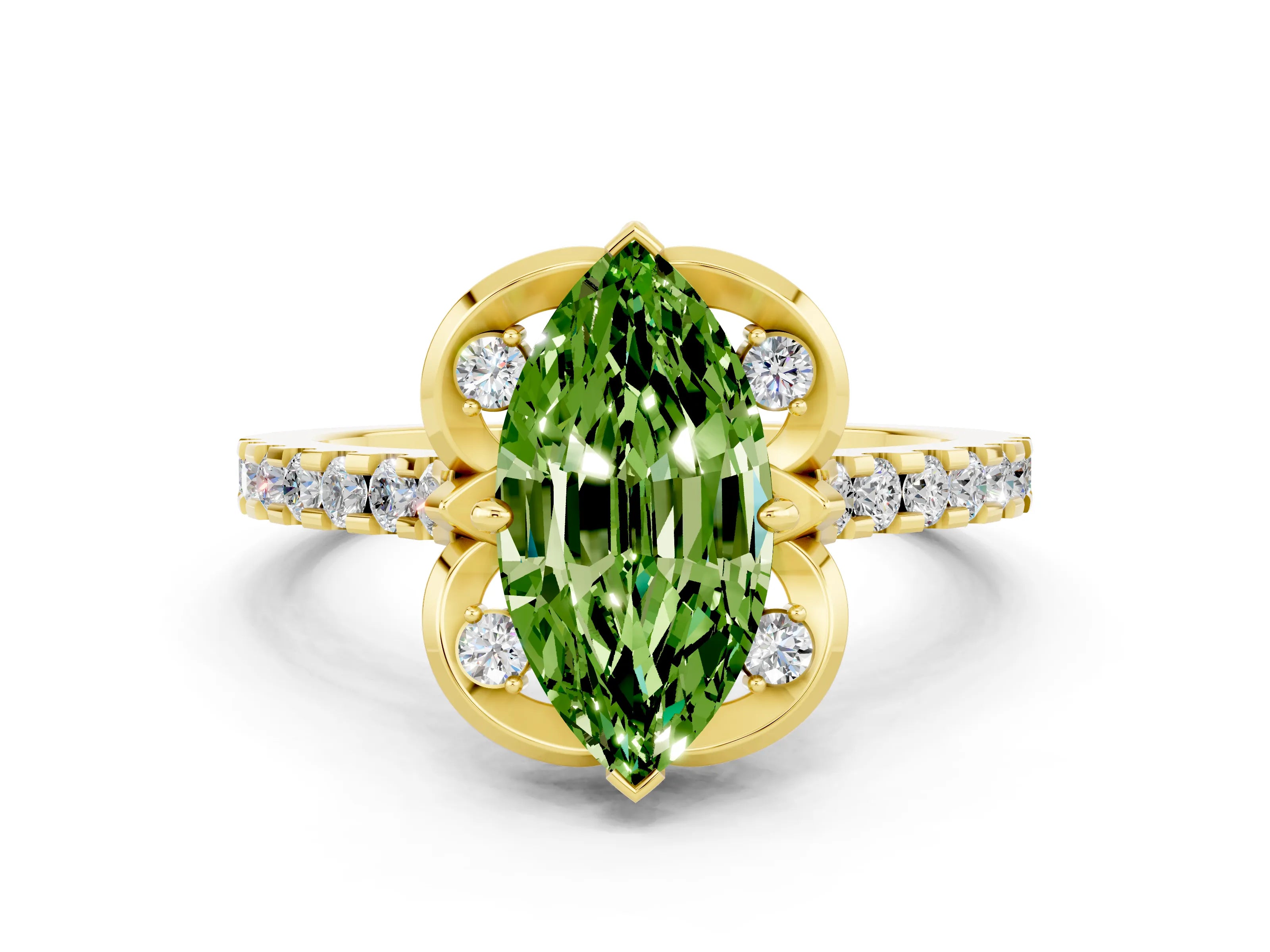 Yellow gold Marquise Cut Peridot Ring with Pavé Band and Floral Prong Setting