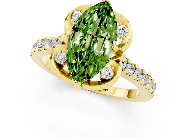 Yellow gold Marquise Cut Peridot Ring with Pavé Band and Floral Prong Setting
