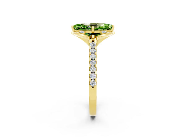Yellow gold Marquise Cut Peridot Ring with Pavé Band and Floral Prong Setting