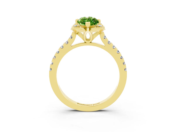 Yellow gold Marquise Cut Peridot Ring with Pavé Band and Floral Prong Setting