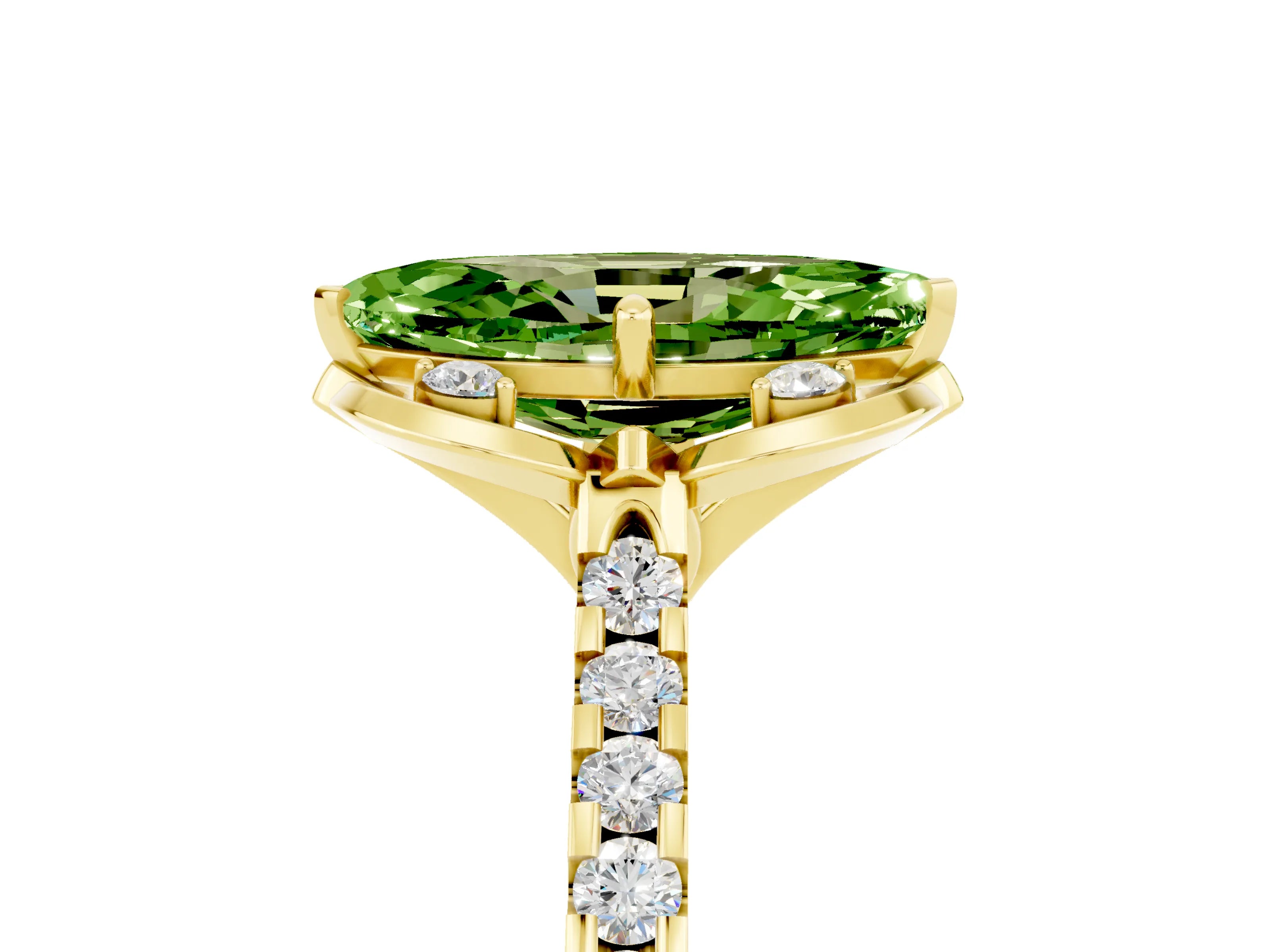 Yellow gold Marquise Cut Peridot Ring with Pavé Band and Floral Prong Setting_5
