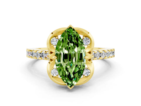 Yellow gold Marquise Cut Peridot Ring with Pavé Band and Floral Prong Setting