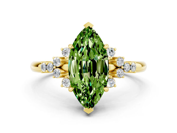 Yellow gold Marquise Cut Peridot Ring with Side Stones and Four-Prong Setting