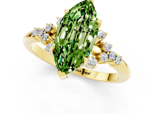 Yellow gold Marquise Cut Peridot Ring with Side Stones and Four-Prong Setting