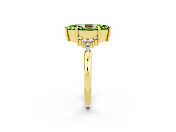 Yellow gold Marquise Cut Peridot Ring with Side Stones and Four-Prong Setting