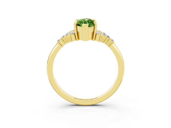 Yellow gold Marquise Cut Peridot Ring with Side Stones and Four-Prong Setting