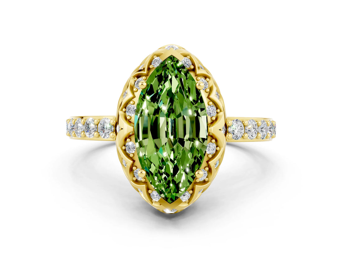 Yellow gold Marquise Cut Peridot Scalloped Halo Engagement Ring with Round Shared Prong Band_12