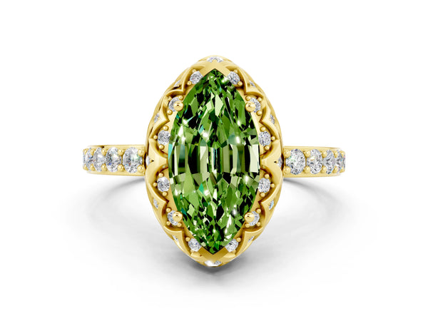 Yellow gold Marquise Cut Peridot Scalloped Halo Engagement Ring with Round Shared Prong Band