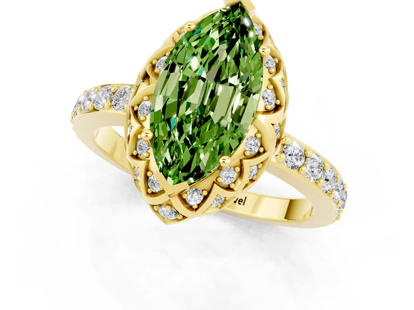 Yellow gold Marquise Cut Peridot Scalloped Halo Engagement Ring with Round Shared Prong Band