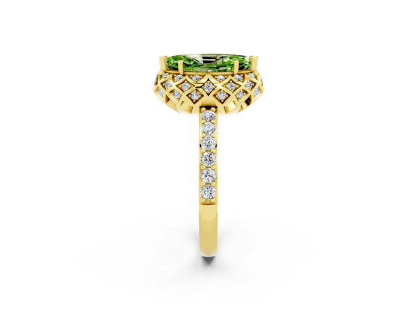 Yellow gold Marquise Cut Peridot Scalloped Halo Engagement Ring with Round Shared Prong Band
