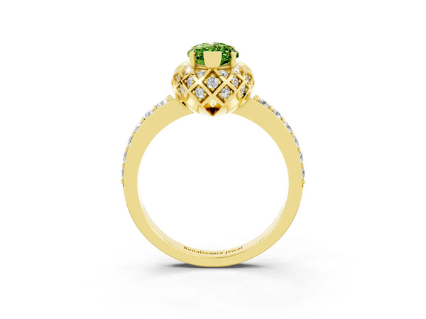 Yellow gold Marquise Cut Peridot Scalloped Halo Engagement Ring with Round Shared Prong Band