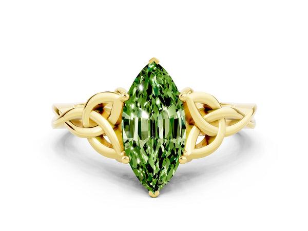 Yellow gold Marquise Cut Peridot Solitaire Celtic Knot Ring with Four-Prong Setting