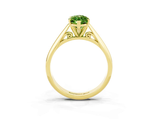 Yellow gold Marquise Cut Peridot Solitaire Engagement Ring with Cathedral Setting and Four-Prong Mount