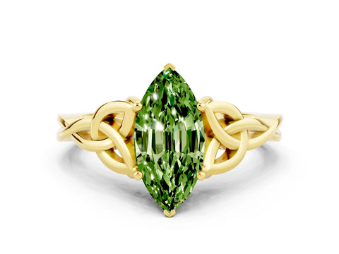 Yellow gold Marquise Cut Peridot Solitaire Engagement Ring with Celtic Knot Band and Four-Prong Setting