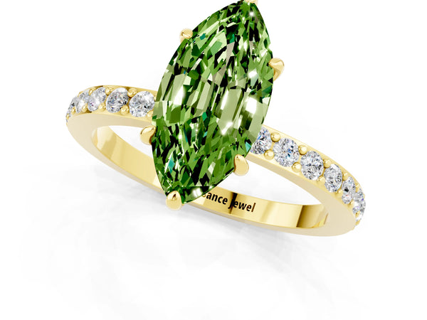 Yellow gold Marquise Cut Peridot Solitaire Engagement Ring with Pavé Band and Four-Prong Setting