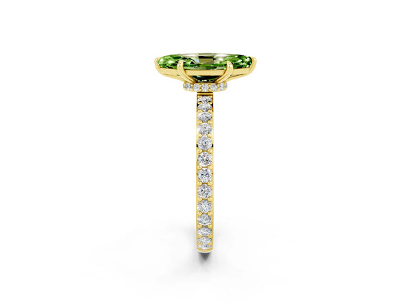 Yellow gold Marquise Cut Peridot Solitaire Engagement Ring with Pavé Band and Four-Prong Setting