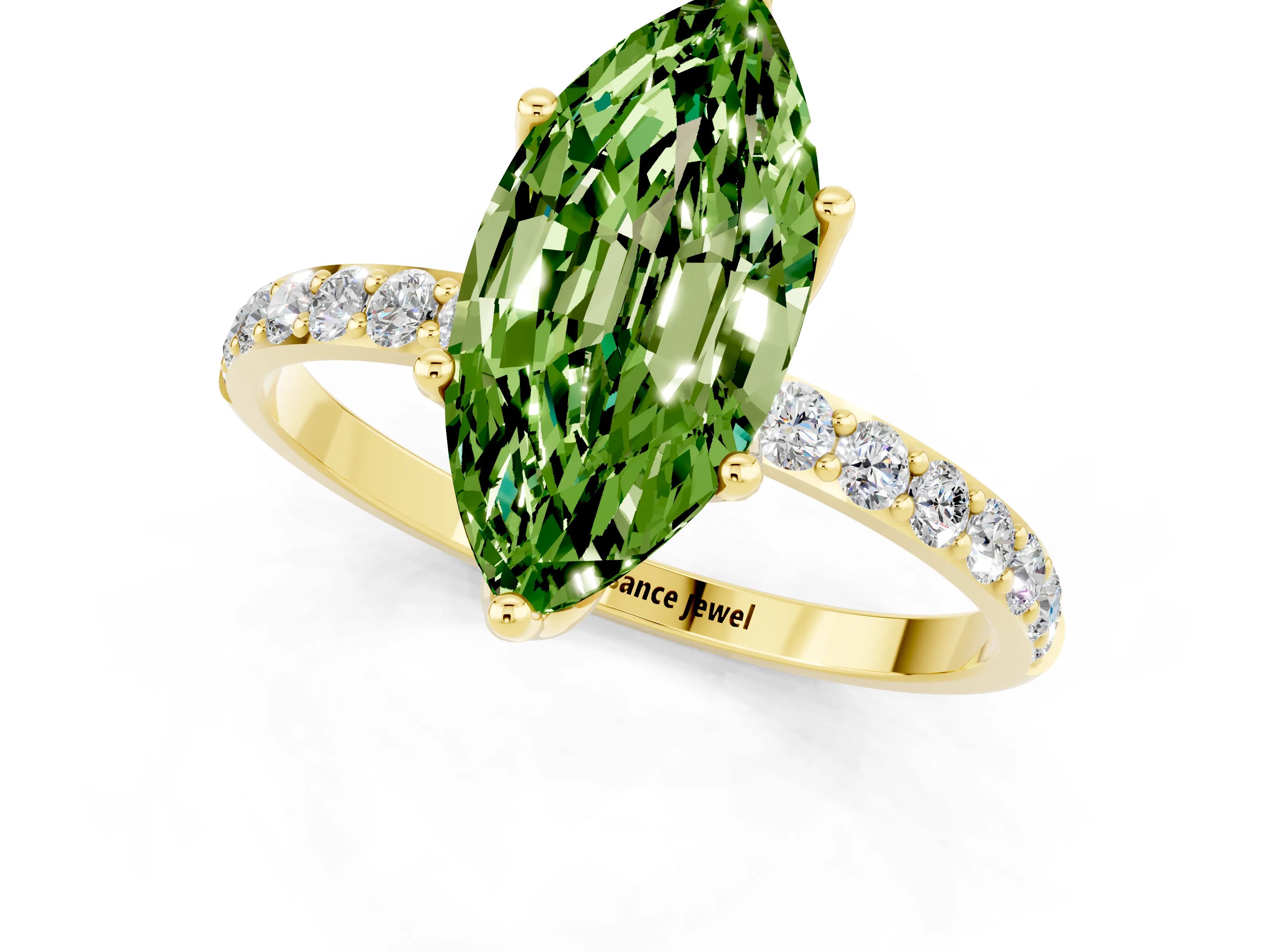 Yellow gold Marquise Cut Peridot Solitaire Engagement Ring with Pavé Band and Prong Setting_1