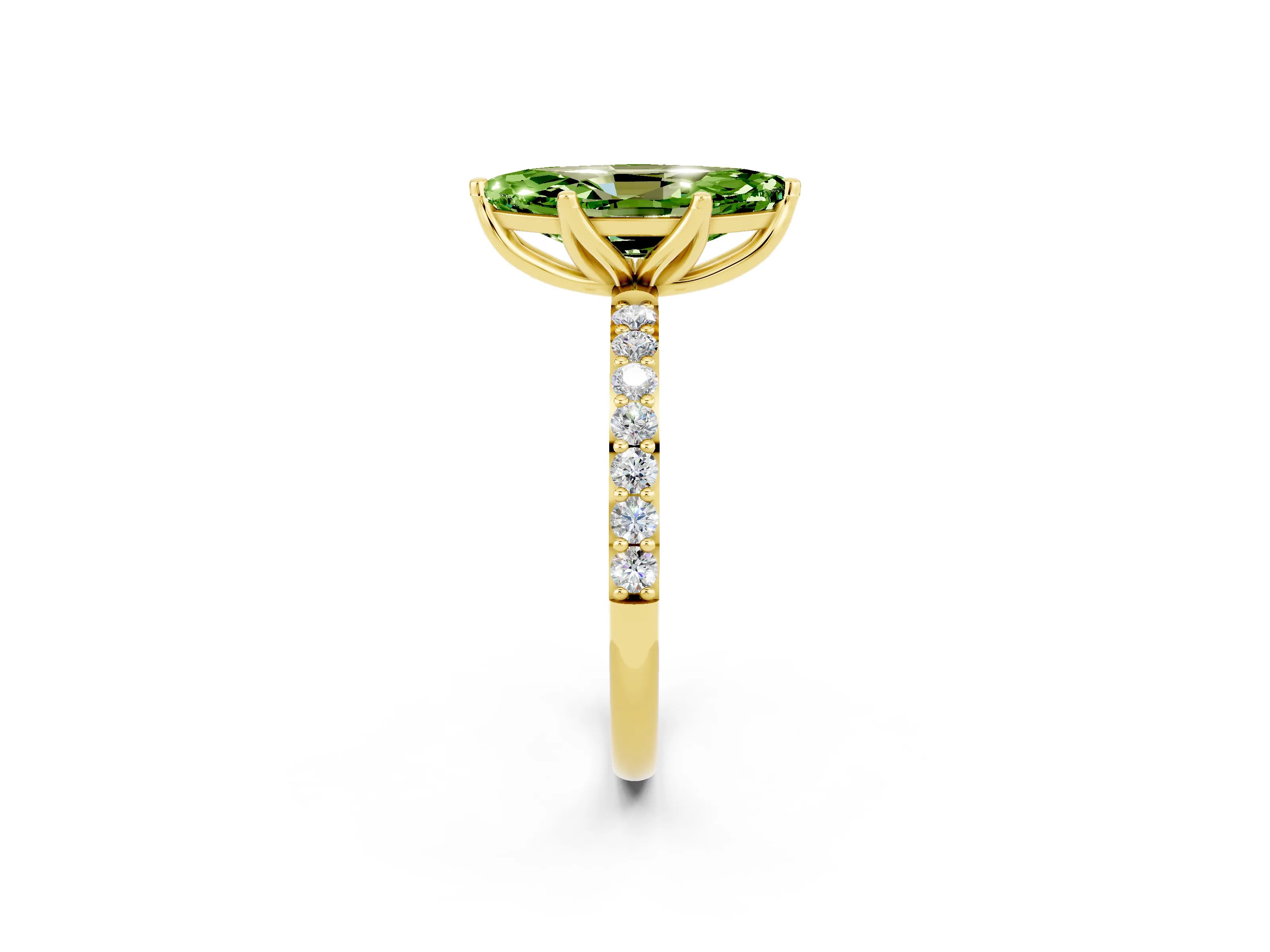 Yellow gold Marquise Cut Peridot Solitaire Engagement Ring with Pavé Band and Prong Setting_2