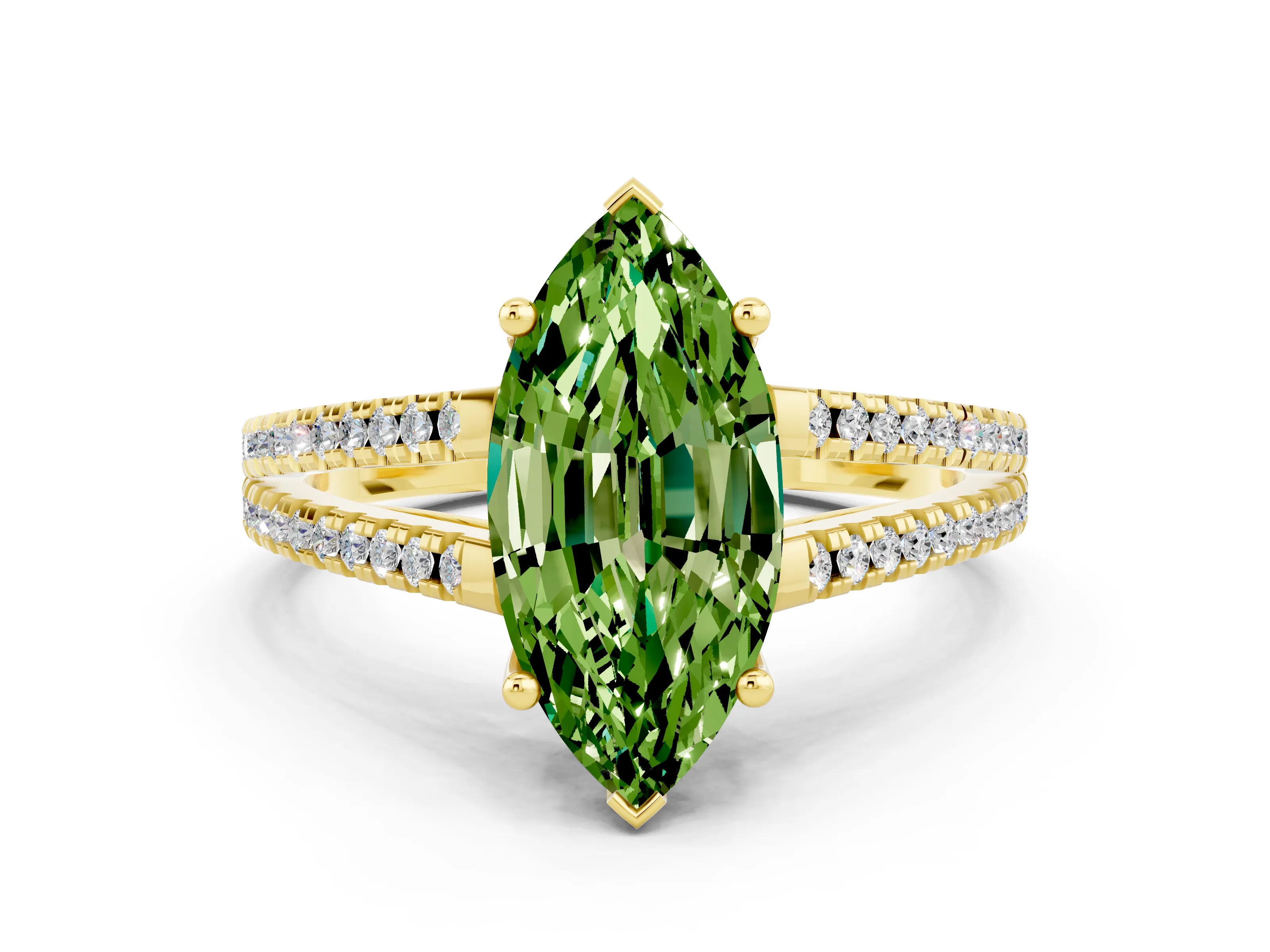 Yellow gold Marquise Cut Peridot Solitaire Engagement Ring with Split Shank Pavé Band