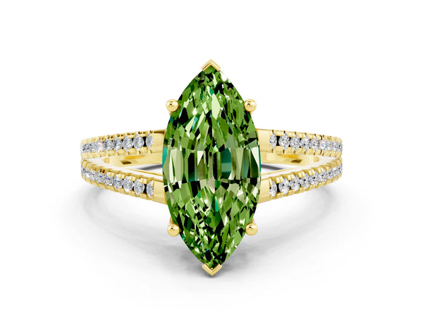 Yellow gold Marquise Cut Peridot Solitaire Engagement Ring with Split Shank Pavé Band