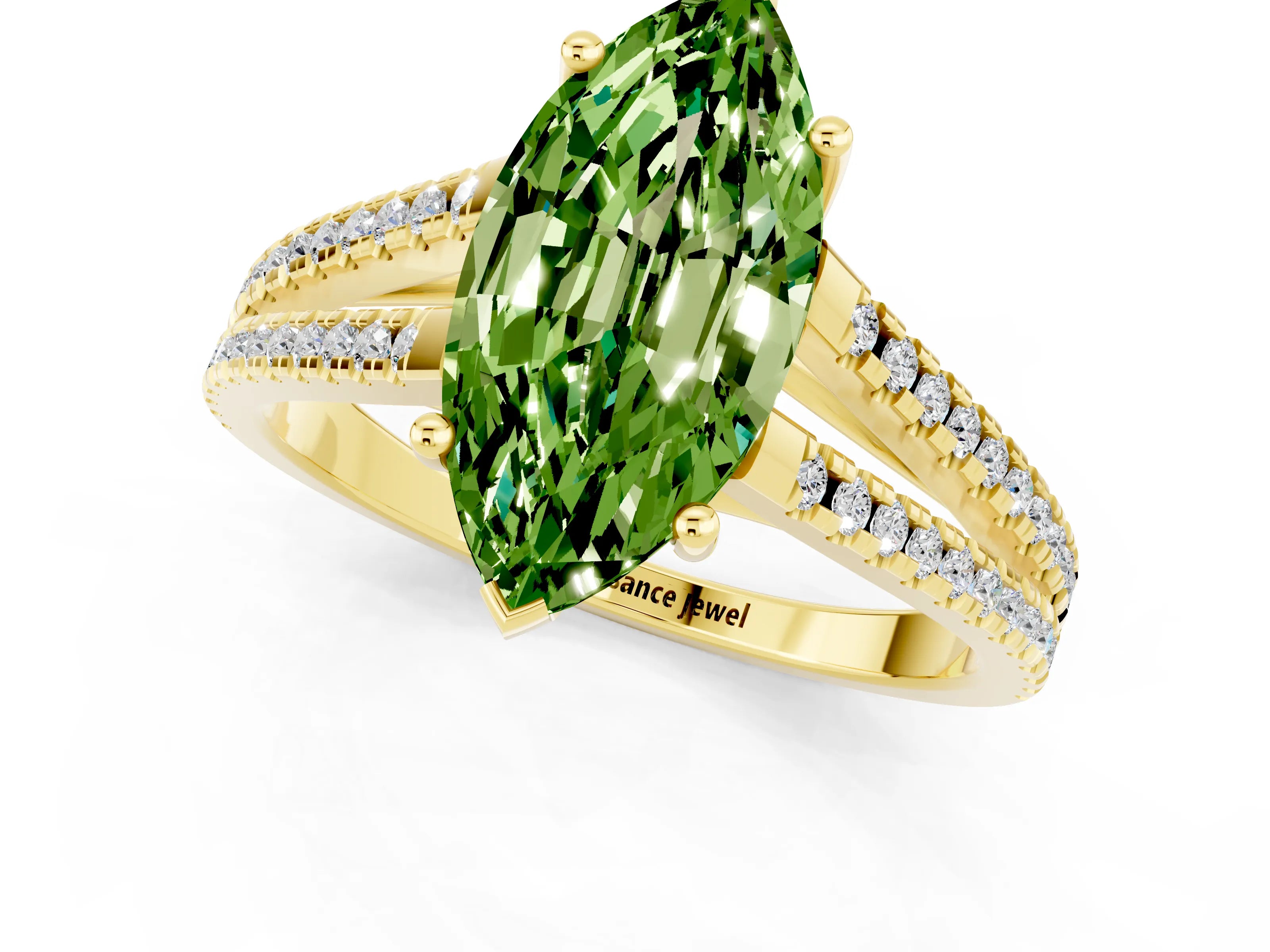 Yellow gold Marquise Cut Peridot Solitaire Engagement Ring with Split Shank Pavé Band_1