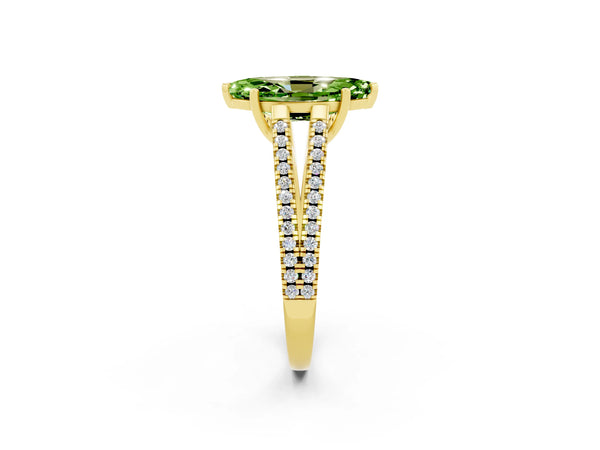 Yellow gold Marquise Cut Peridot Solitaire Engagement Ring with Split Shank Pavé Band