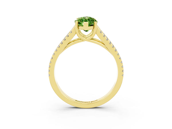 Yellow gold Marquise Cut Peridot Solitaire Engagement Ring with Split Shank Pavé Band