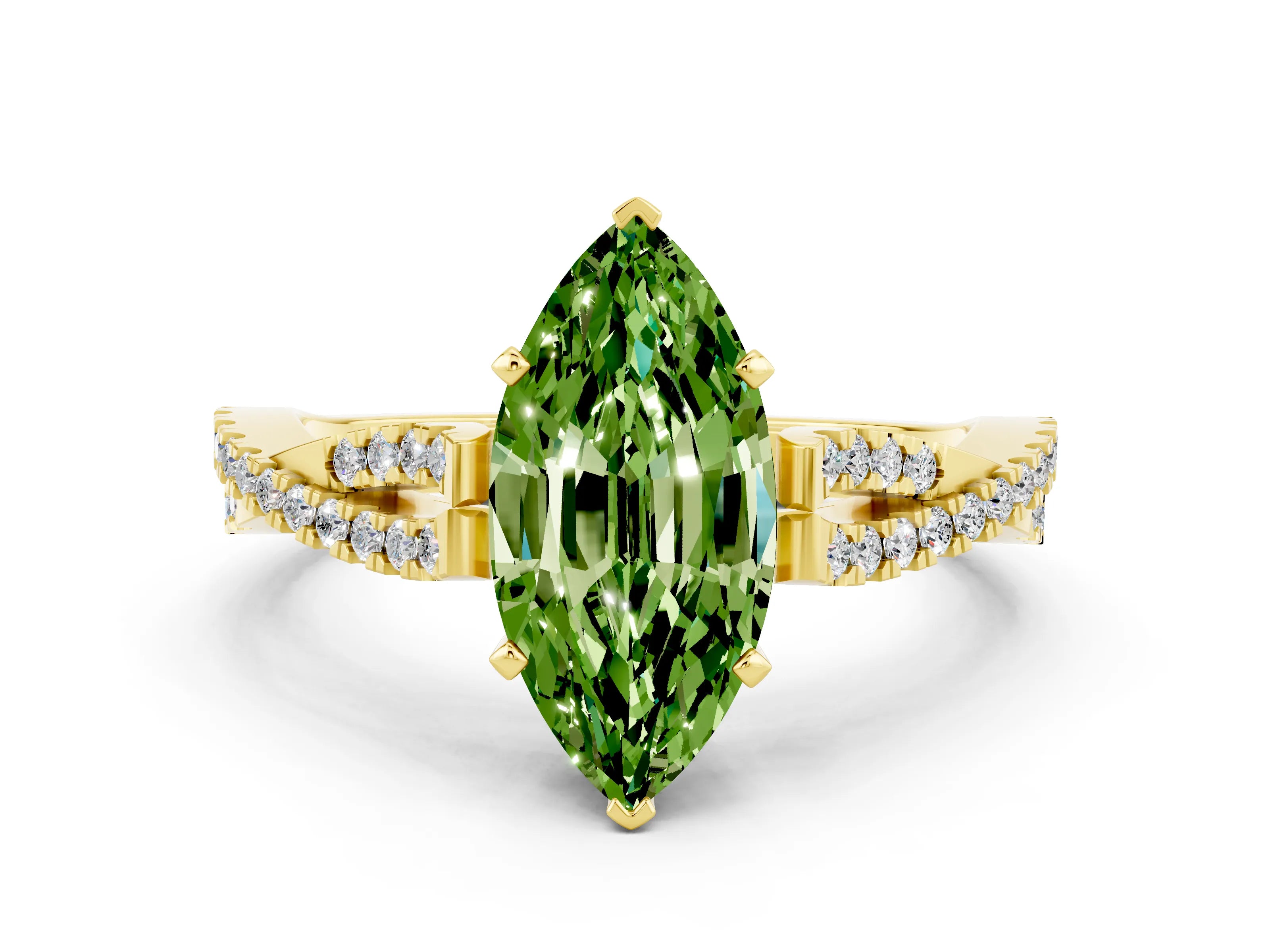 Yellow gold Marquise Cut Peridot Solitaire Engagement Ring with Twisted Pavé Band and Four-Prong Setting
