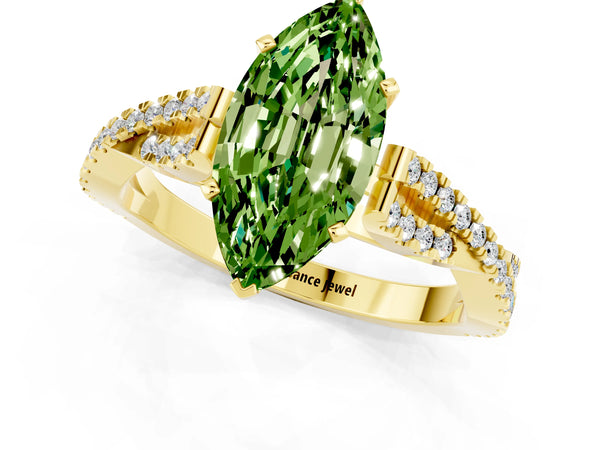 Yellow gold Marquise Cut Peridot Solitaire Engagement Ring with Twisted Pavé Band and Four-Prong Setting