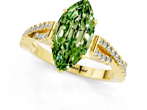 Yellow gold Marquise Cut Peridot Solitaire Engagement Ring with Twisted Pavé Band and Four-Prong Setting_1