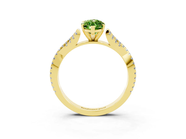 Yellow gold Marquise Cut Peridot Solitaire Engagement Ring with Twisted Pavé Band and Four-Prong Setting