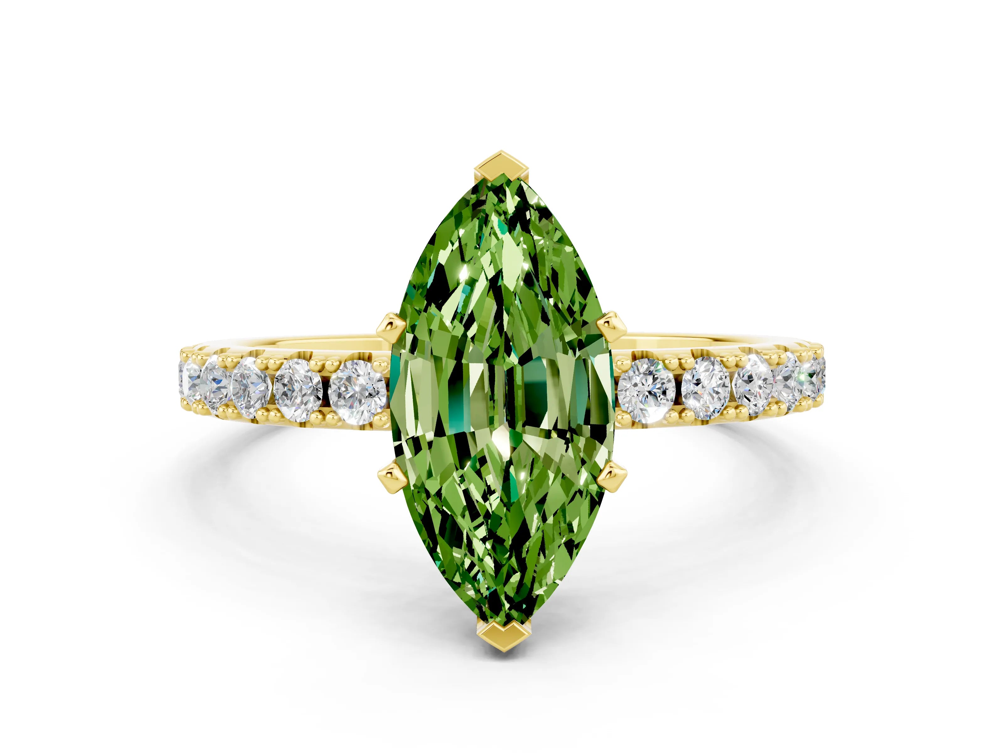 Yellow gold Marquise Cut Peridot Solitaire Pavé Band with Four-Prong Setting