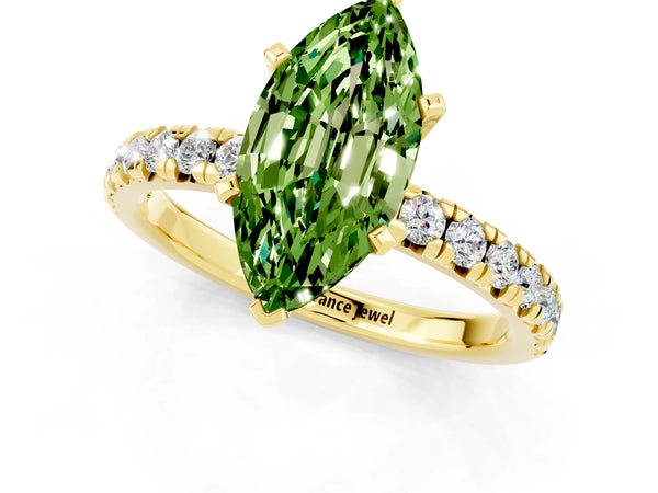 Yellow gold Marquise Cut Peridot Solitaire Pavé Engagement Ring with Round Band and Prong Setting