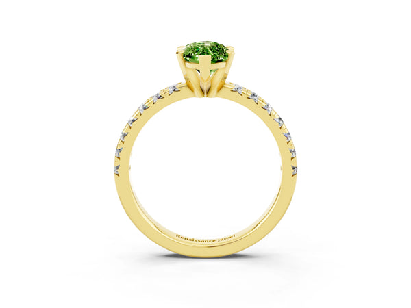 Yellow gold Marquise Cut Peridot Solitaire Pavé Engagement Ring with Round Band and Prong Setting