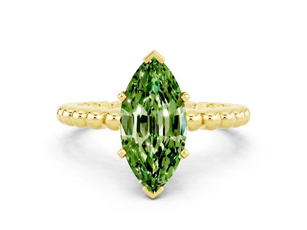Yellow gold Marquise Cut Peridot Solitaire Ring with Beaded Band and Prong Setting