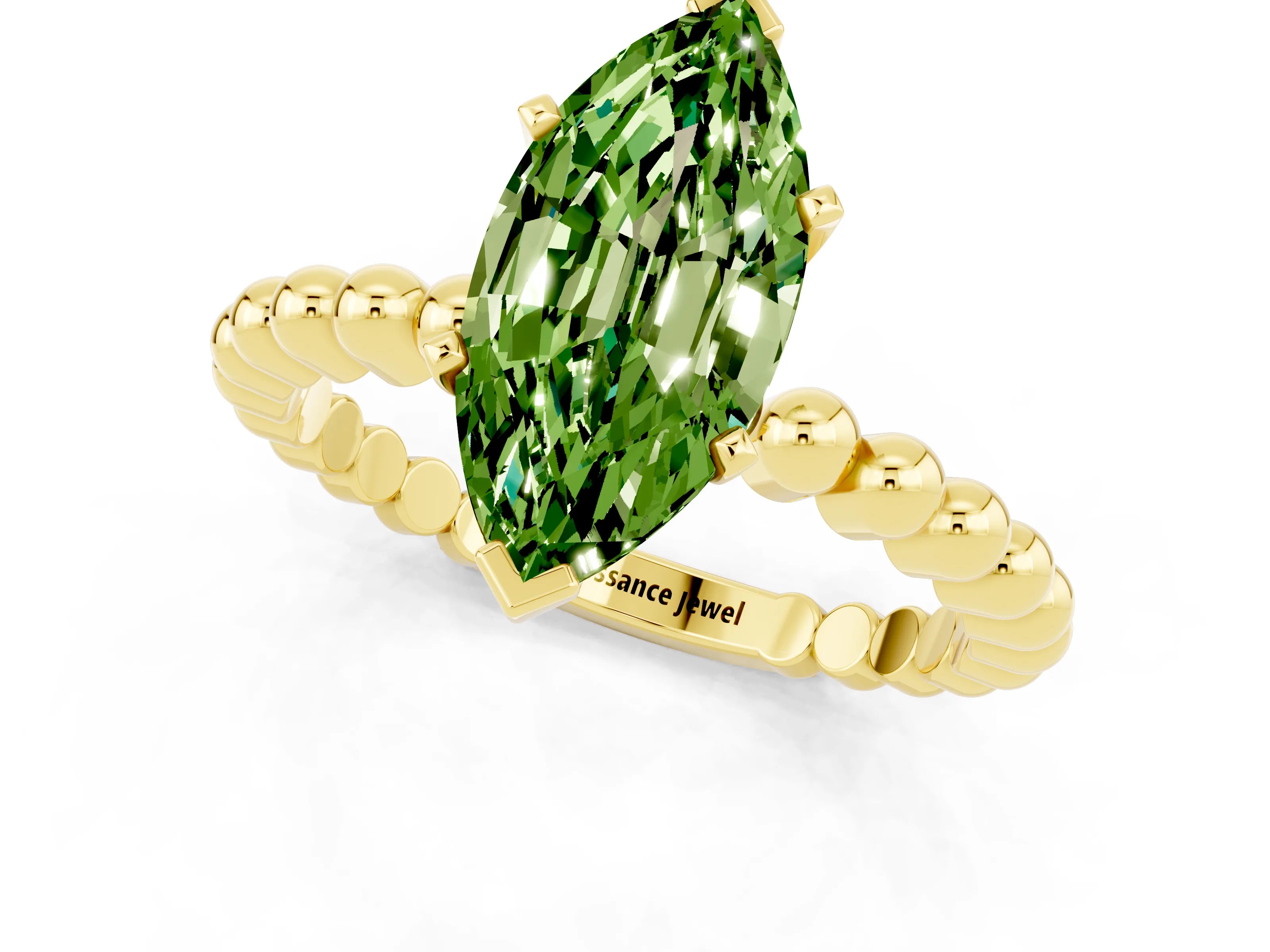 Yellow gold Marquise Cut Peridot Solitaire Ring with Beaded Band and Prong Setting_1