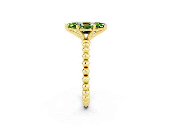 Yellow gold Marquise Cut Peridot Solitaire Ring with Beaded Band and Prong Setting