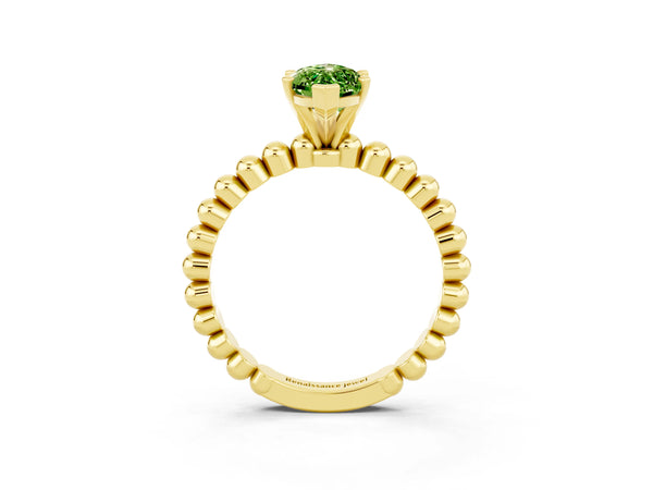 Yellow gold Marquise Cut Peridot Solitaire Ring with Beaded Band and Prong Setting