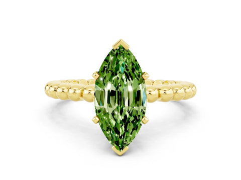 Yellow gold Marquise Cut Peridot Solitaire Ring with Beaded Band and Prong Setting