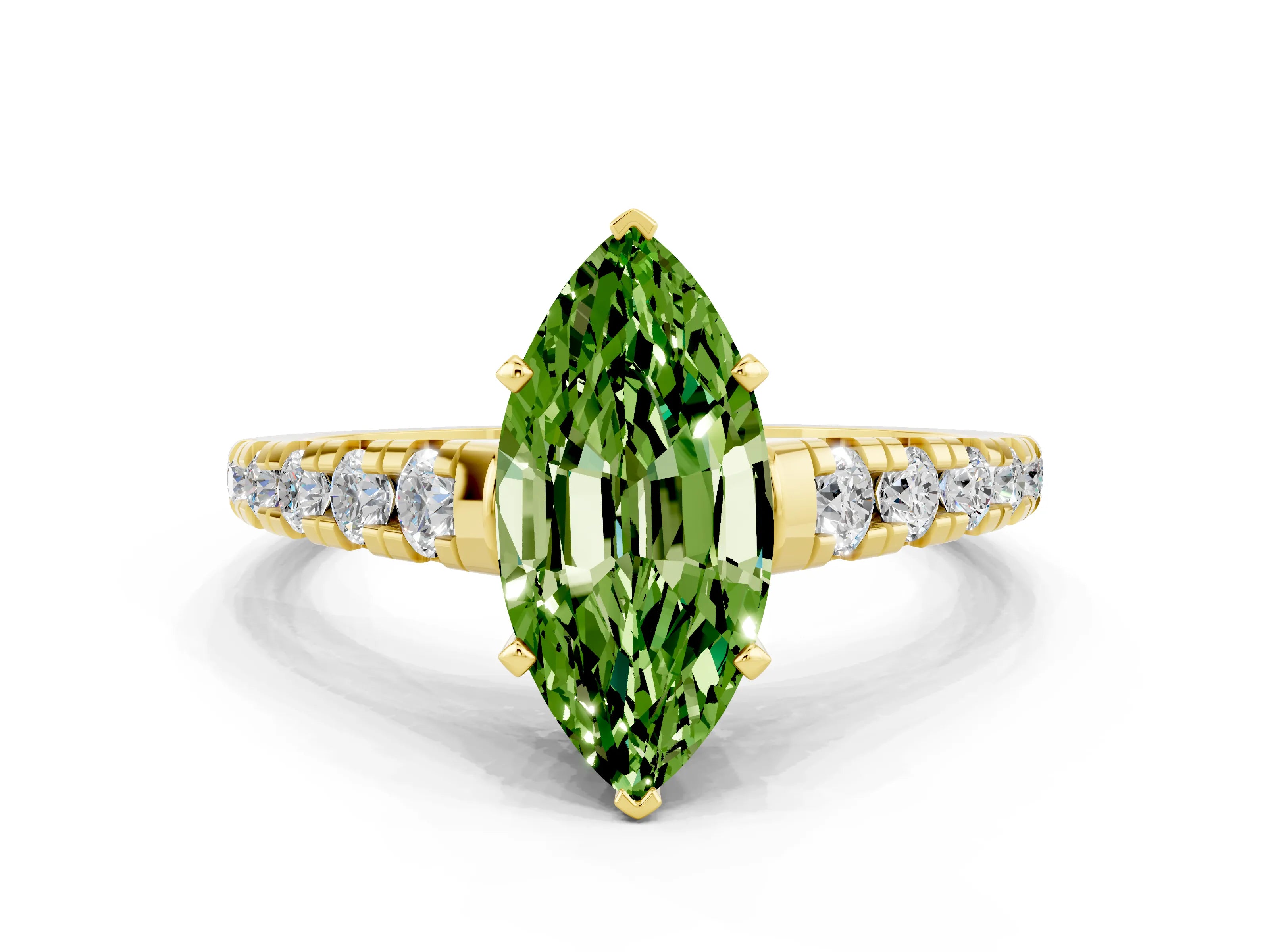 Yellow gold Marquise Cut Peridot Solitaire Ring with Cathedral Setting and Pavé Band