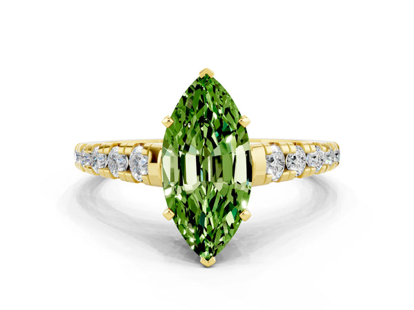 Yellow gold Marquise Cut Peridot Cathedral Solitaire Ring with Round  Pavé Band