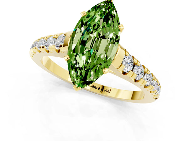 Yellow gold Marquise Cut Peridot Cathedral Solitaire Ring with Round  Pavé Band