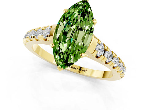 Yellow gold Marquise Cut Peridot Solitaire Ring with Cathedral Setting and Pavé Band_1
