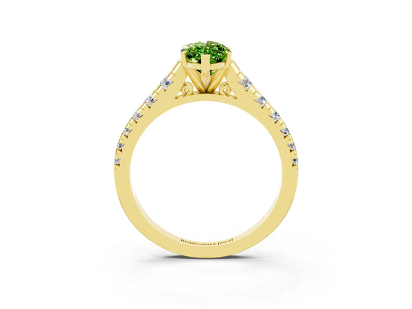 Yellow gold Marquise Cut Peridot Cathedral Solitaire Ring with Round  Pavé Band